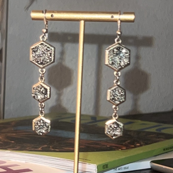 3 tier dangle earrings gold and black sparkle quartz rock octagon shaped 3” long - Picture 10 of 14